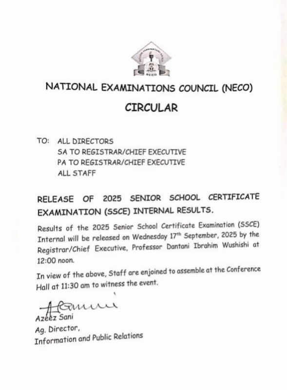 NECO to release result tomorrow