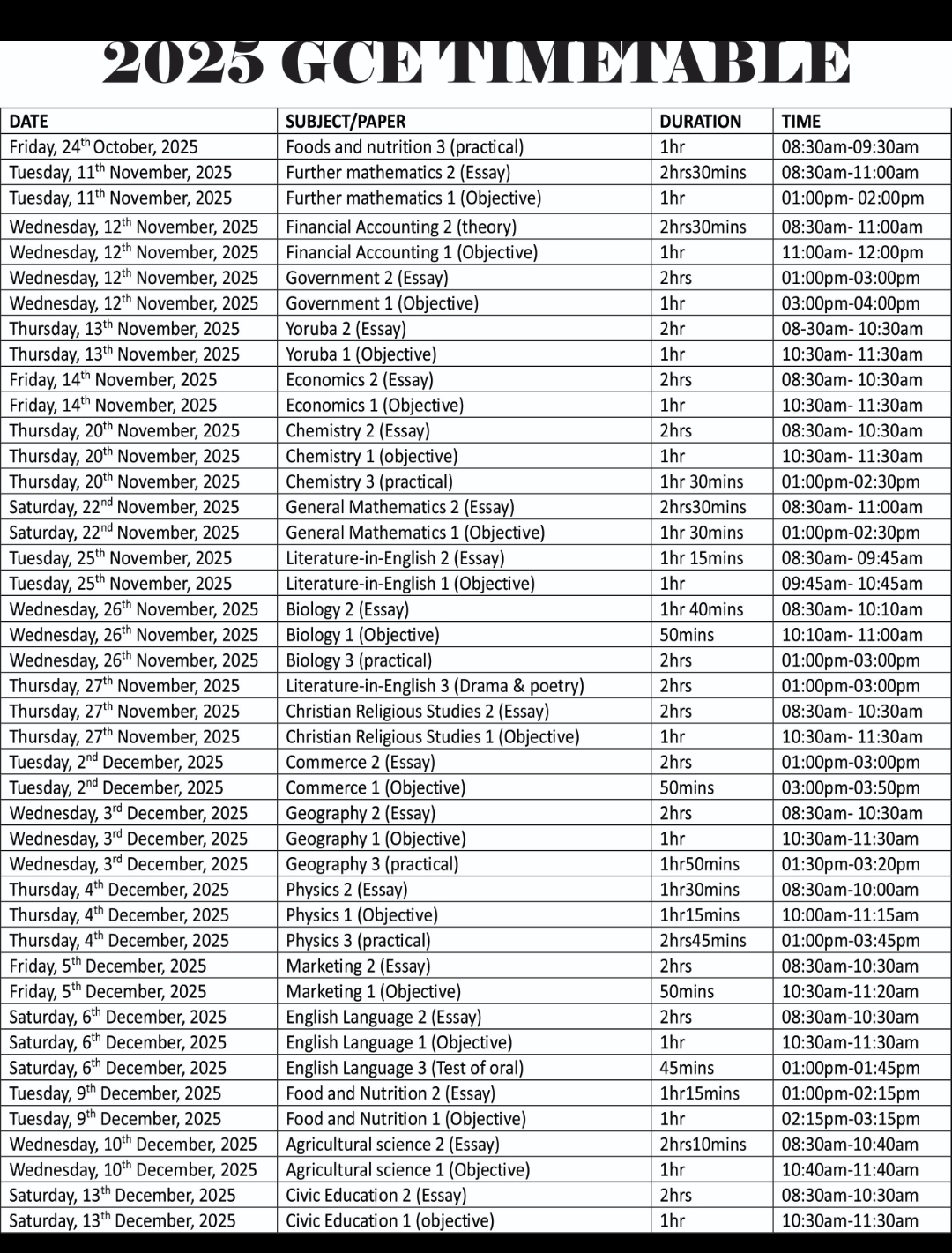 2025 GCE Timetable